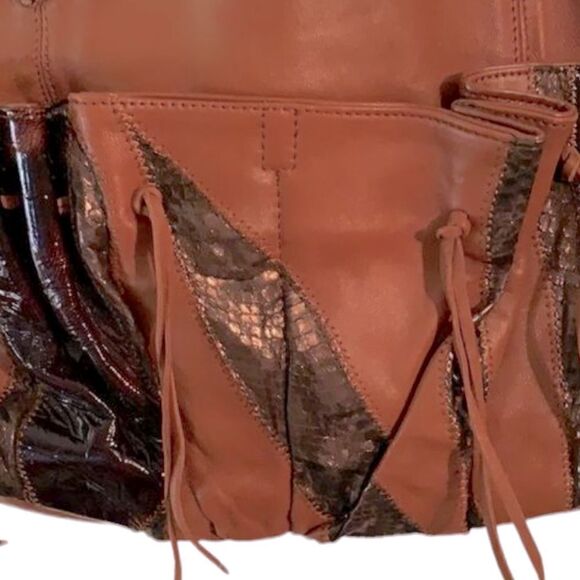 CHI by Falchi Purse Brown Leather & Reptile Satchel Bag - Picture 4 of 11